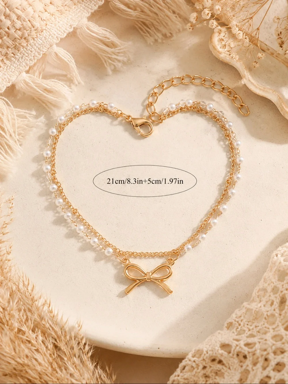 Vintage Gold Bow Pearl Anklet | Double Layer Beach Anklet | 14K Gold Plated